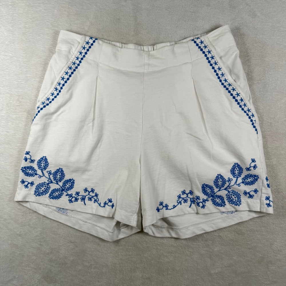 Johnny Was White Blue Embroidered Cotton Shorts Womens S JB3725-S